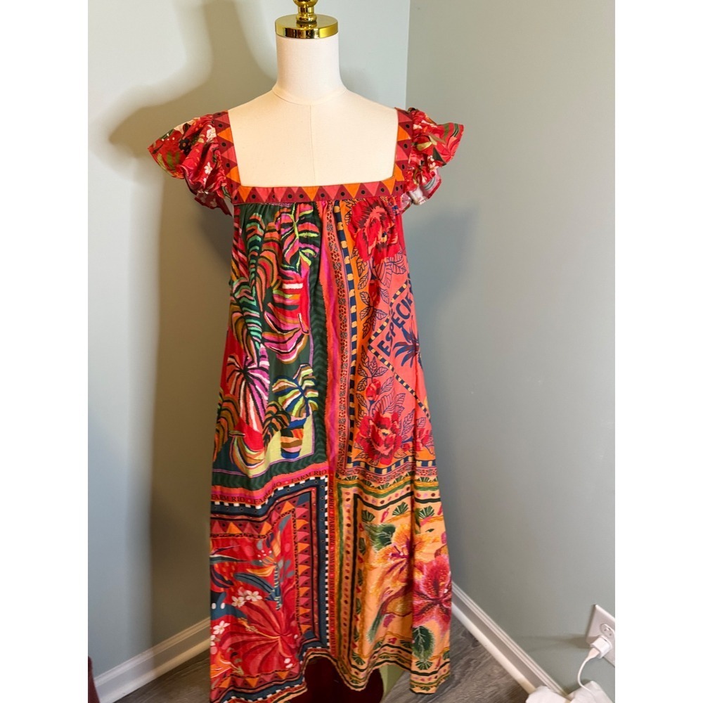 Farm Rio for Anthropologie Mosaic Print Ruffled Sleeve Midi Dress Tropical XL - Picture 4 of 8